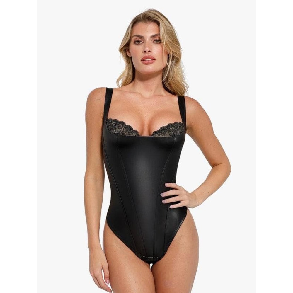 Popilush Shapewear Black Faux Leather Lace Balconette Sculpting Bodysuit Medium